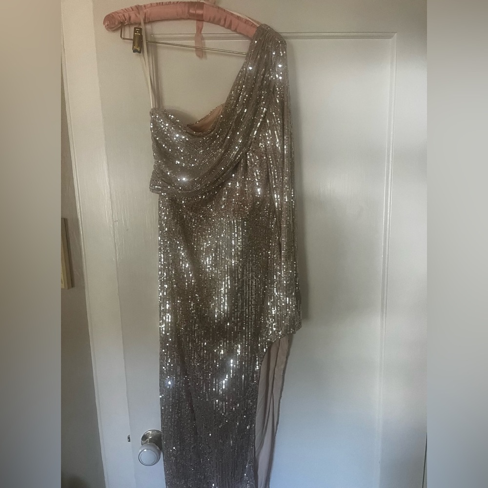 Gold Sequin Midi One Sleeve Dress